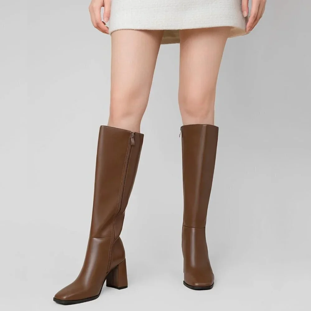 🆕Women's Faux Leather Tan Square Toe Side Zipper Chunky Heel Knee High Boots